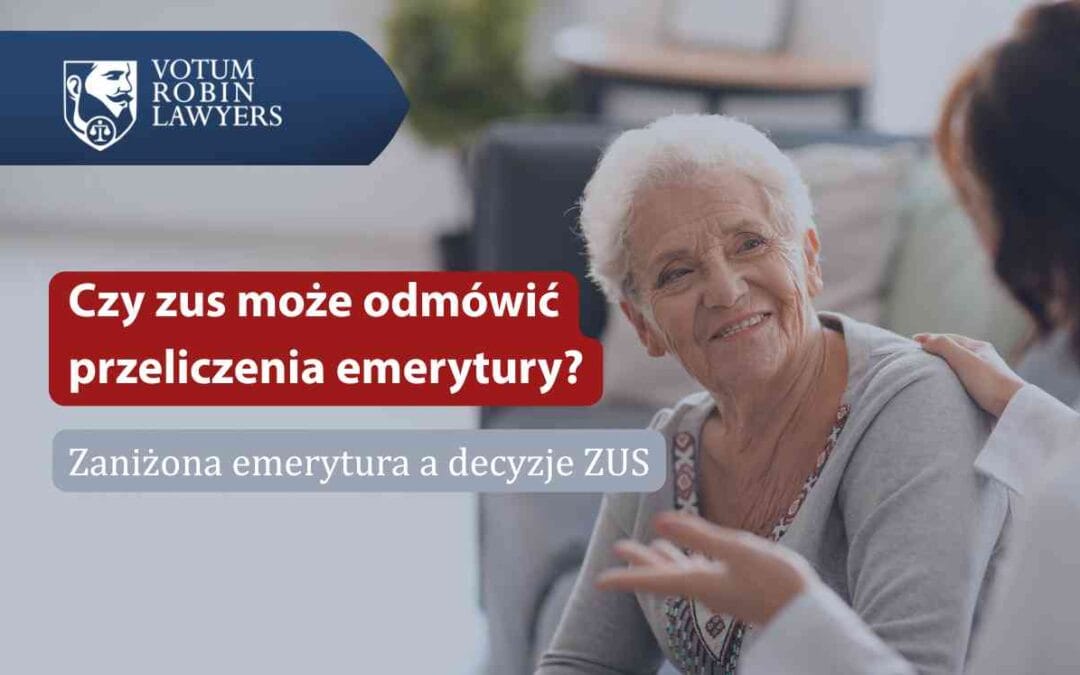 Banner for a Polish legal article: Votom Robin Lawyers logo, smiling elderly woman with a caregiver, red headline about ZUS pension recalculation.