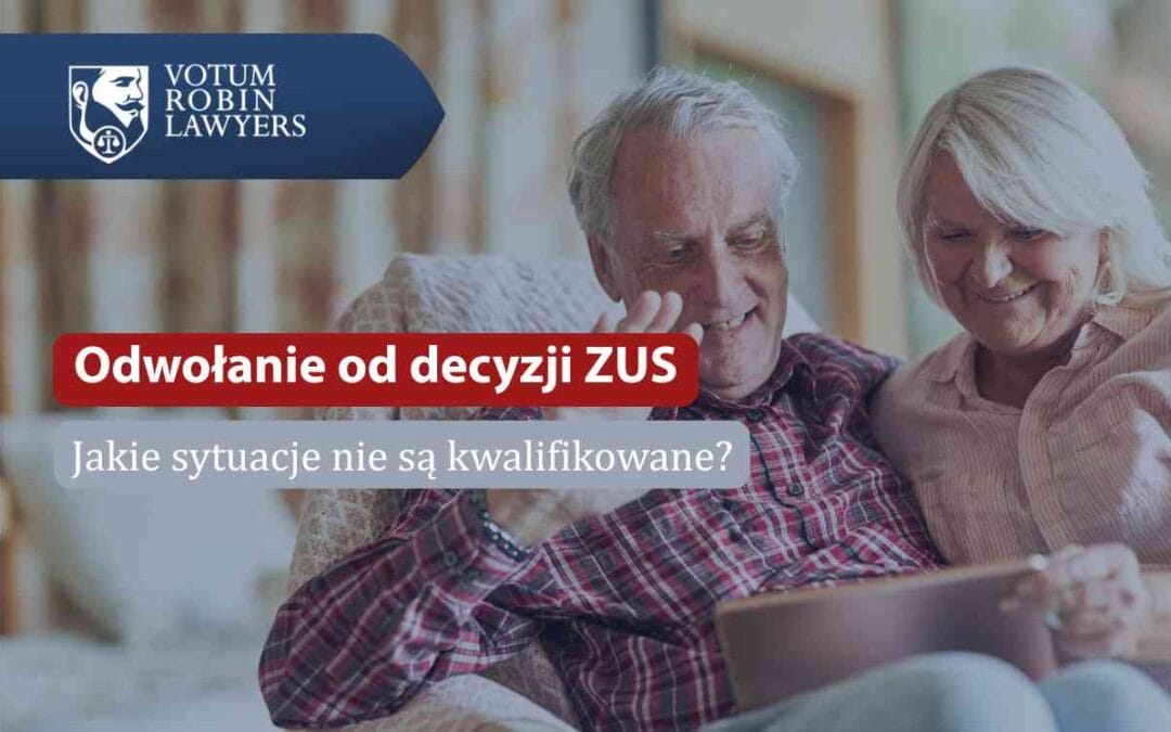 Elderly couple looking at a tablet with a red banner 'Odwołanie od decyzji ZUS' and a law firm logo in the corner, conveying legal help for ZUS appeals.