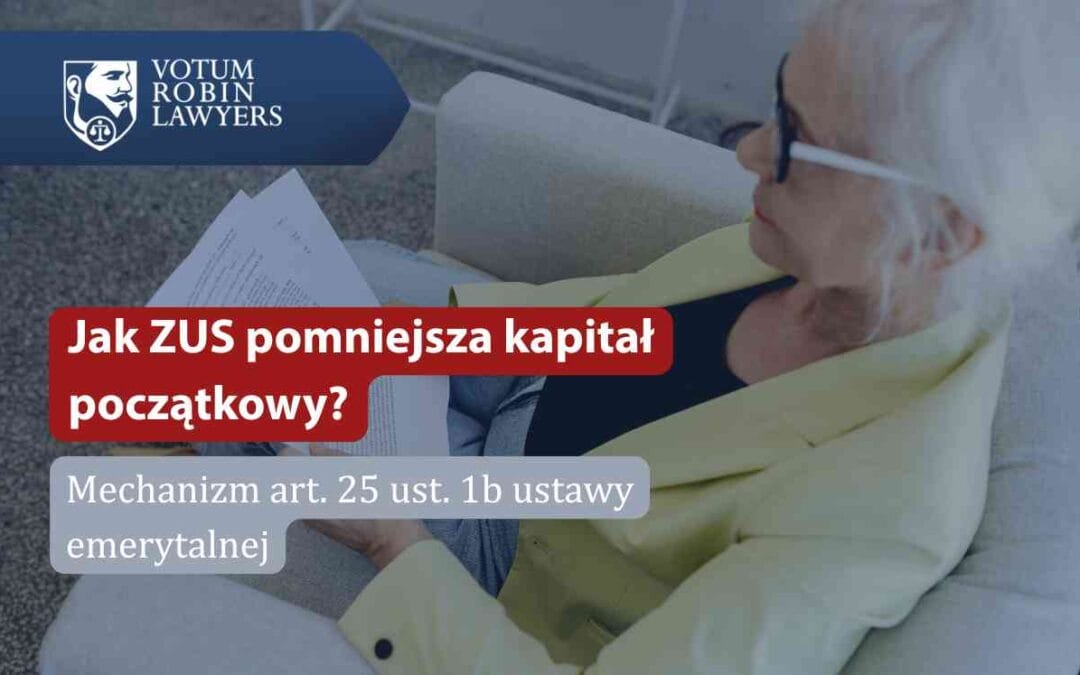 Banner for Votum Robin Lawyers about how ZUS reduces the initial capital; Polish headline text overlaid on an image of a person reading documents.
