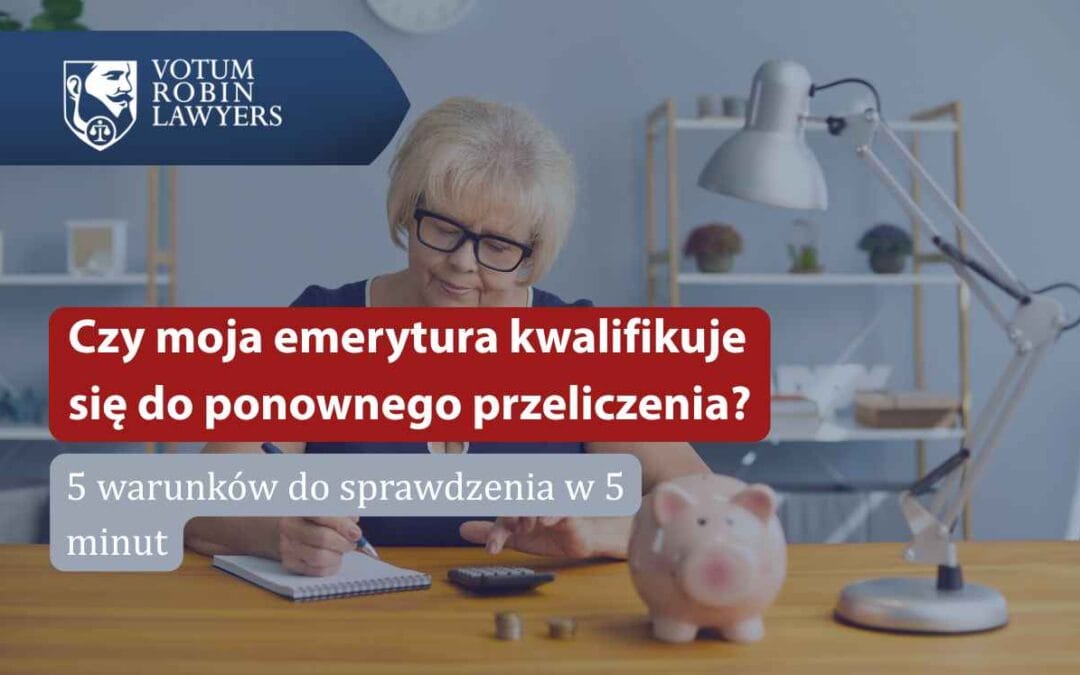 Banner for a law firm: Polish title about pension recalculation; shows an elderly woman at a desk with a piggy bank and Votom Robin Lawyers logo.